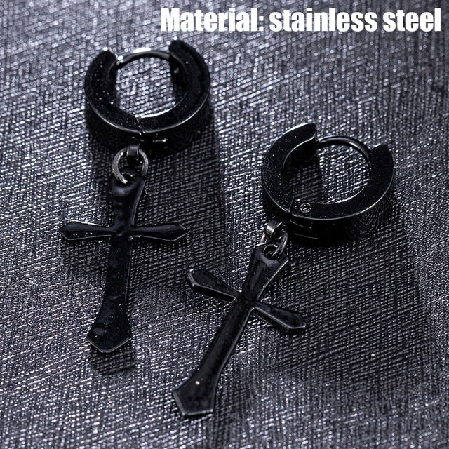 Unisex Cross Earrings Punk Fashion Religion Cross Pendant Drop Dangle Earrings Jewelry Black Silver Choose Color Style