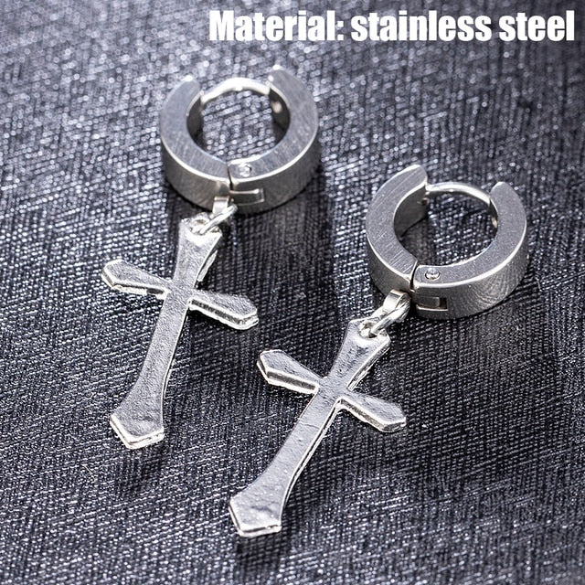 Unisex Cross Earrings Punk Fashion Religion Cross Pendant Drop Dangle Earrings Jewelry Black Silver Choose Color Style