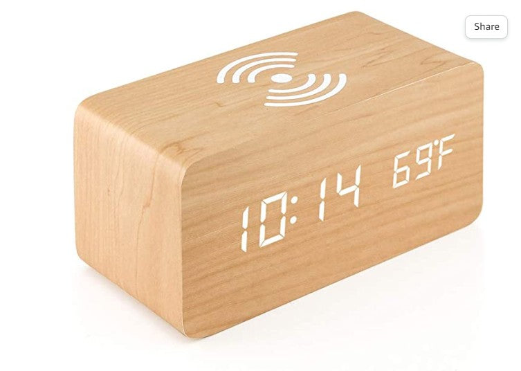 Alarm Clock With For Qi Wireless Charging Pad Compatible With For iPhone Samsung Wood Led Digital Clock Sound Control Function